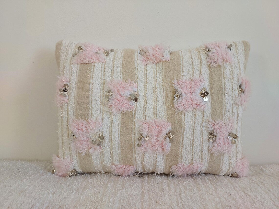 Handmade Moroccan Pouf Set With Pillow - Vintage Berber Pink Wedding Blanket Flatweave Wool Ottoman MoroccanBazzArts