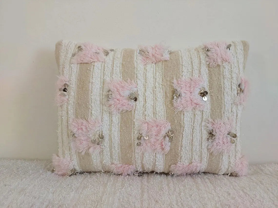 Handmade Moroccan Pouf Set With Pillow - Vintage Berber Pink Wedding Blanket Flatweave Wool Ottoman MoroccanBazzArts
