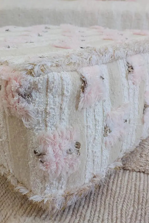 Handmade Moroccan Pouf Set With Pillow - Vintage Berber Pink Wedding Blanket Flatweave Wool Ottoman MoroccanBazzArts