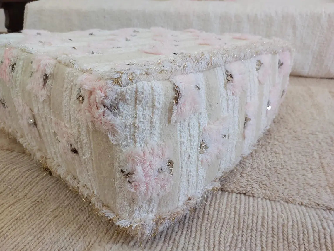 Handmade Moroccan Pouf Set With Pillow - Vintage Berber Pink Wedding Blanket Flatweave Wool Ottoman MoroccanBazzArts