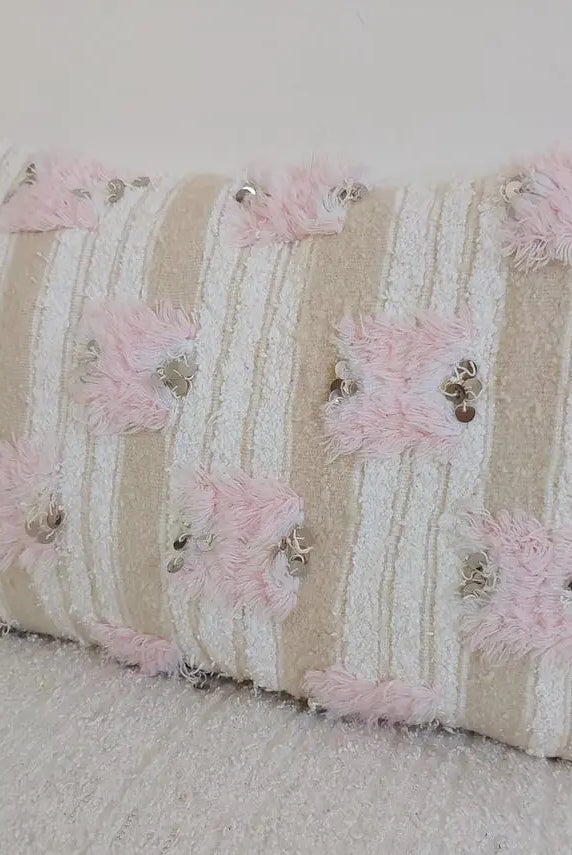 Handmade Moroccan Pouf Set With Pillow - Vintage Berber Pink Wedding Blanket Flatweave Wool Ottoman MoroccanBazzArts