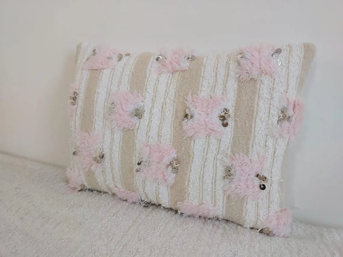 Handmade Moroccan Pouf Set With Pillow - Vintage Berber Pink Wedding Blanket Flatweave Wool Ottoman MoroccanBazzArts