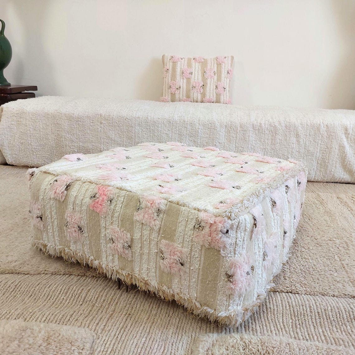 Handmade Moroccan Pouf Set With Pillow - Vintage Berber Pink Wedding Blanket Flatweave Wool Ottoman MoroccanBazzArts