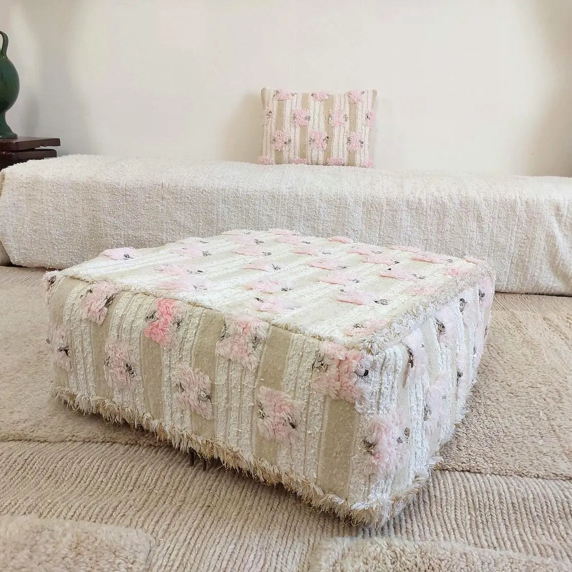 Handmade Moroccan Pouf Set With Pillow - Vintage Berber Pink Wedding Blanket Flatweave Wool Ottoman MoroccanBazzArts