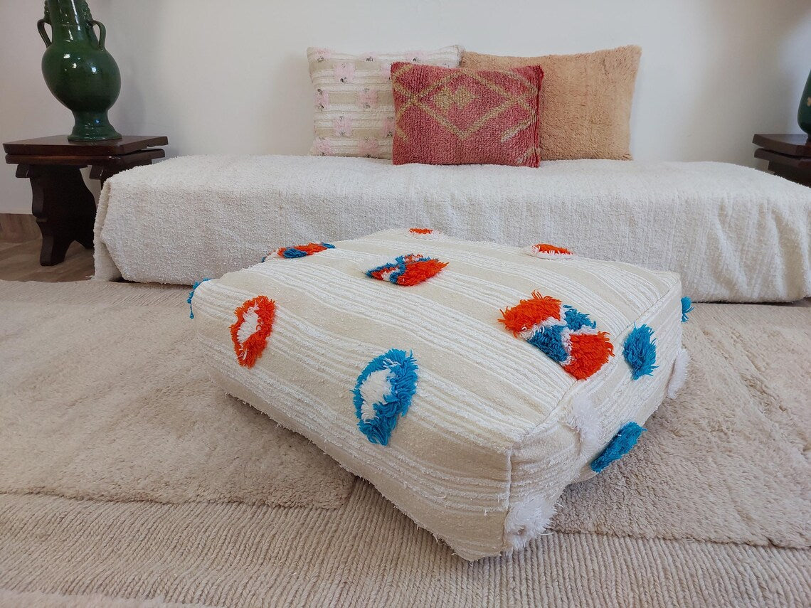 Handmade Moroccan Berber Blanket Pouf: Boho Chic Floor Ottoman, Unique Ethnic Home Decor, 70x60x20cm MoroccanBazzArts