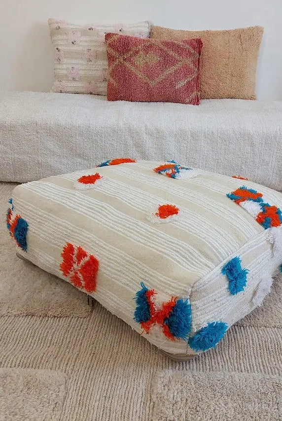Handmade Moroccan Berber Blanket Pouf: Boho Chic Floor Ottoman, Unique Ethnic Home Decor, 70x60x20cm MoroccanBazzArts