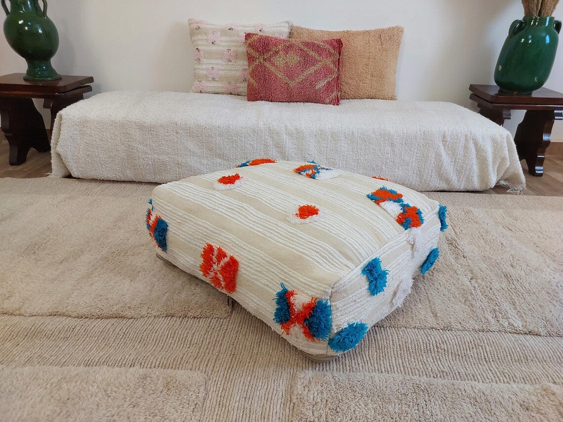 Handmade Moroccan Berber Blanket Pouf: Boho Chic Floor Ottoman, Unique Ethnic Home Decor, 70x60x20cm MoroccanBazzArts