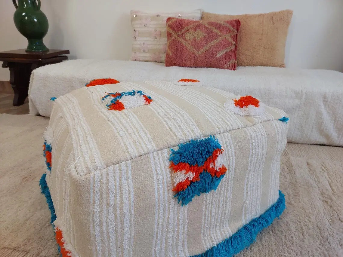 Handmade Moroccan Berber Pouf Ottoman - Bohemian Floor Cushion - Ethnic Home Decor - 60x60x33cm MoroccanBazzArts