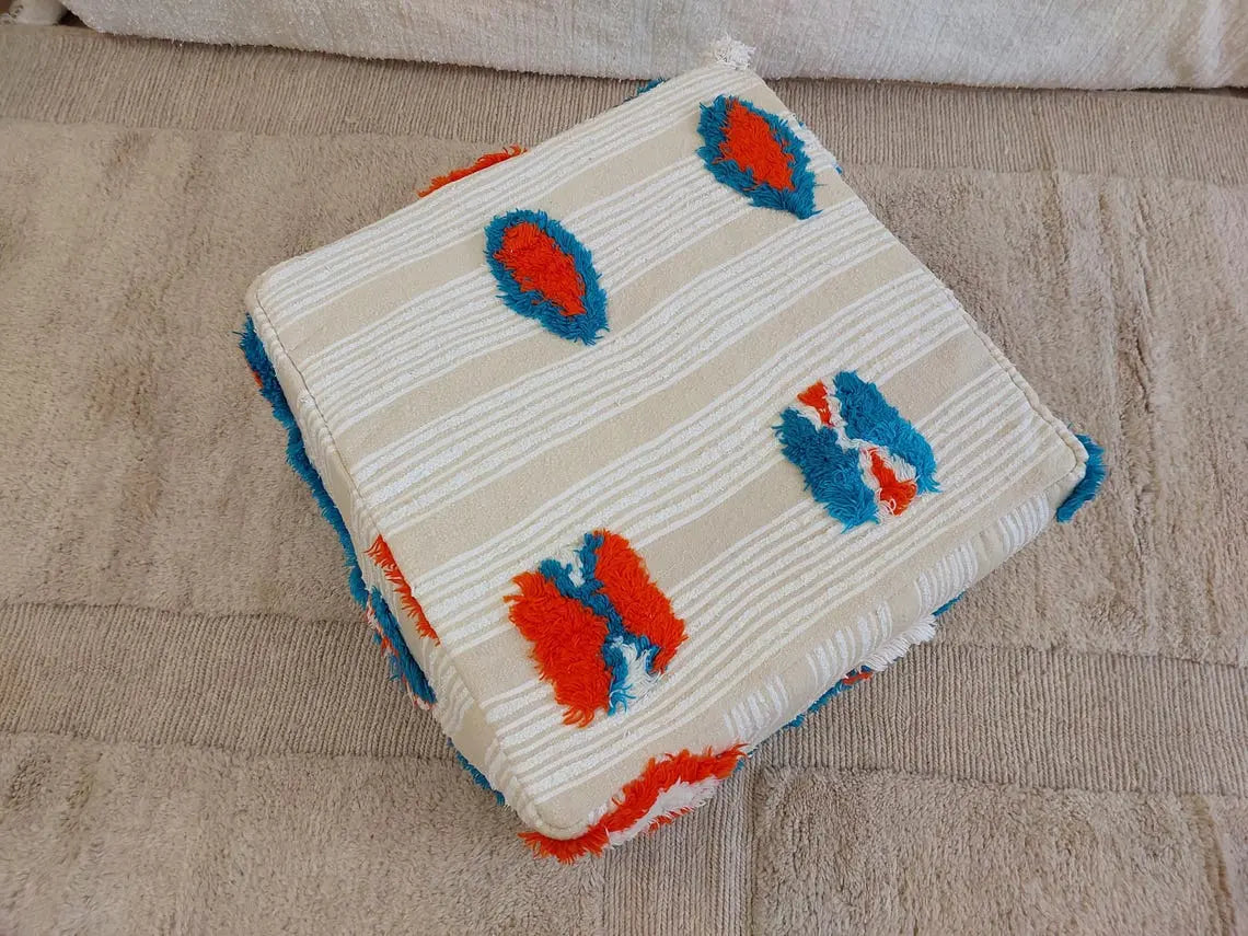 Authentic Moroccan Floor Pouf: Handmade Berber Blanket Ottoman For Boho Chic Home Decor (60x60x33cm) MoroccanBazzArts