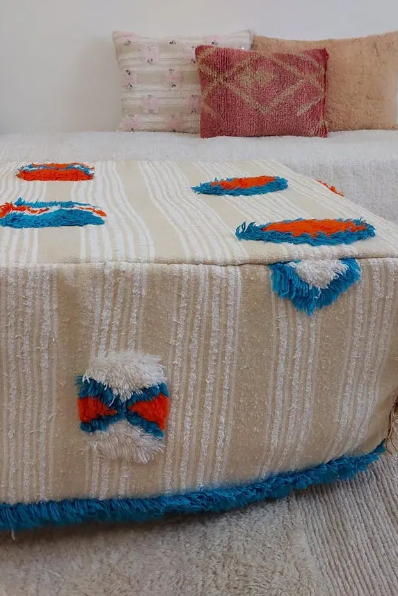 Authentic Moroccan Floor Pouf: Handmade Berber Blanket Ottoman For Boho Chic Home Decor (60x60x33cm) MoroccanBazzArts