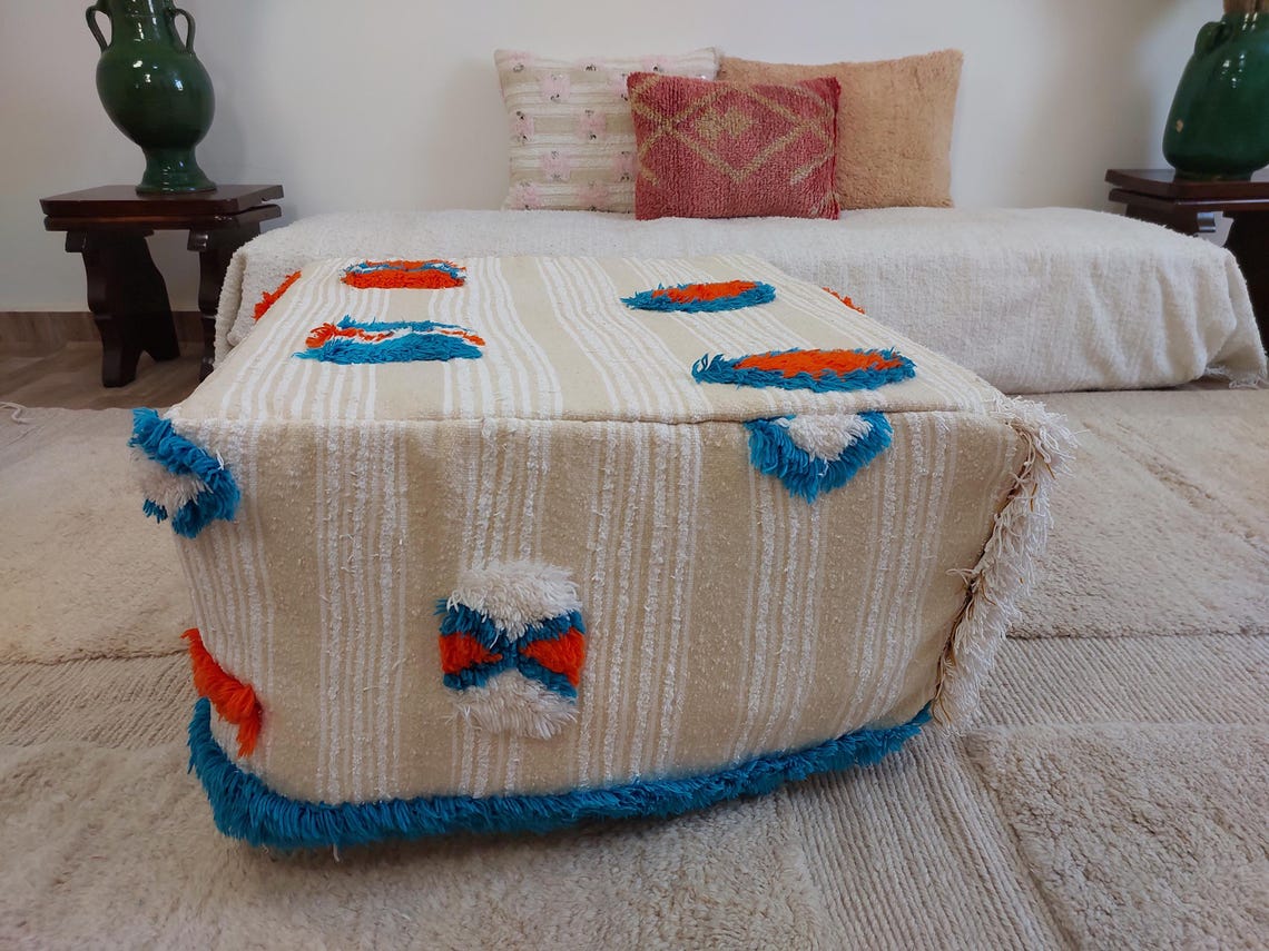 Authentic Moroccan Floor Pouf: Handmade Berber Blanket Ottoman For Boho Chic Home Decor (60x60x33cm) MoroccanBazzArts