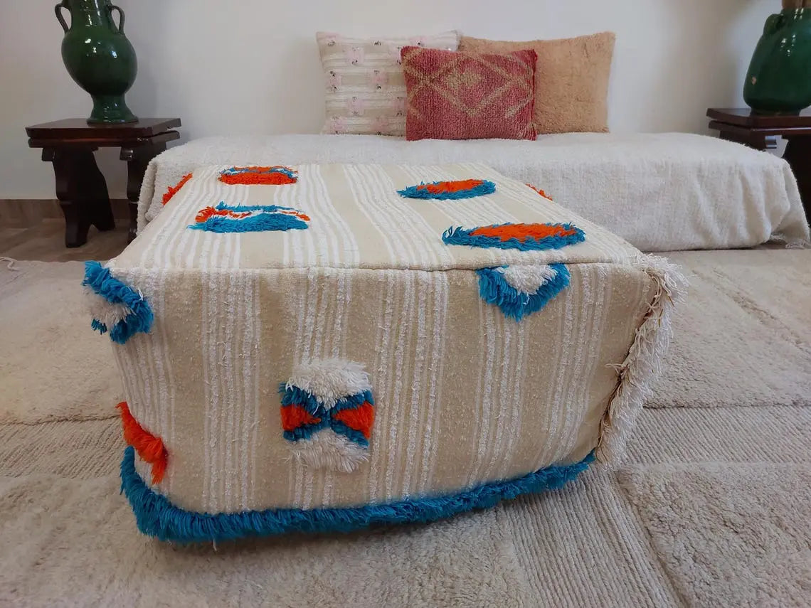 Authentic Moroccan Floor Pouf: Handmade Berber Blanket Ottoman For Boho Chic Home Decor (60x60x33cm) MoroccanBazzArts