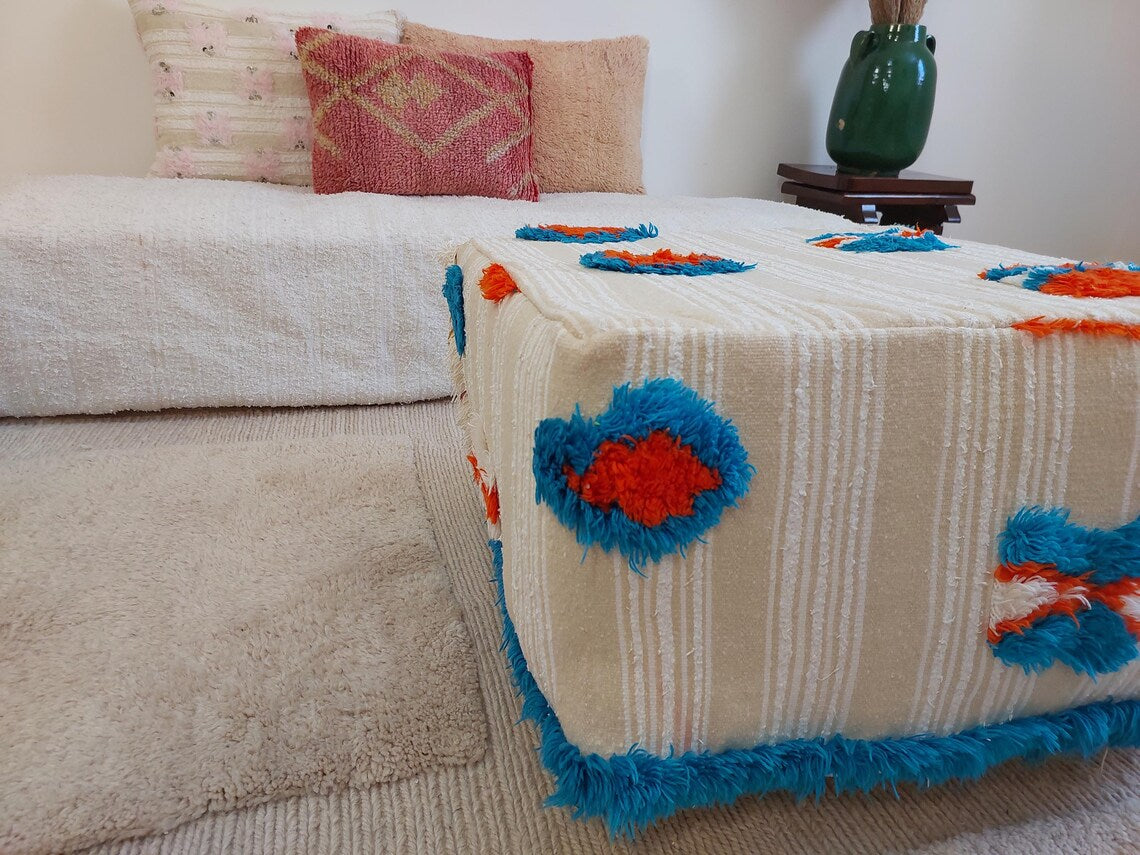 Authentic Moroccan Floor Pouf: Handmade Berber Blanket Ottoman For Boho Chic Home Decor (60x60x33cm) MoroccanBazzArts