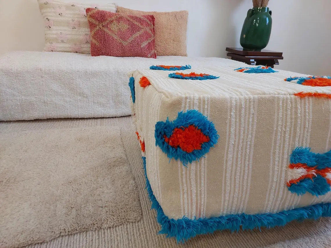 Authentic Moroccan Floor Pouf: Handmade Berber Blanket Ottoman For Boho Chic Home Decor (60x60x33cm) MoroccanBazzArts