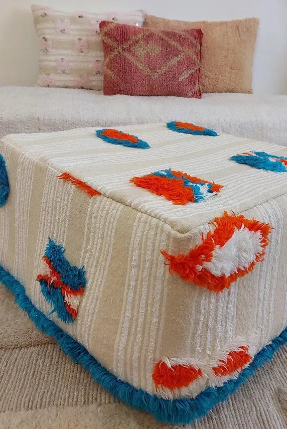 Authentic Moroccan Floor Pouf: Handmade Berber Blanket Ottoman For Boho Chic Home Decor (60x60x33cm) MoroccanBazzArts