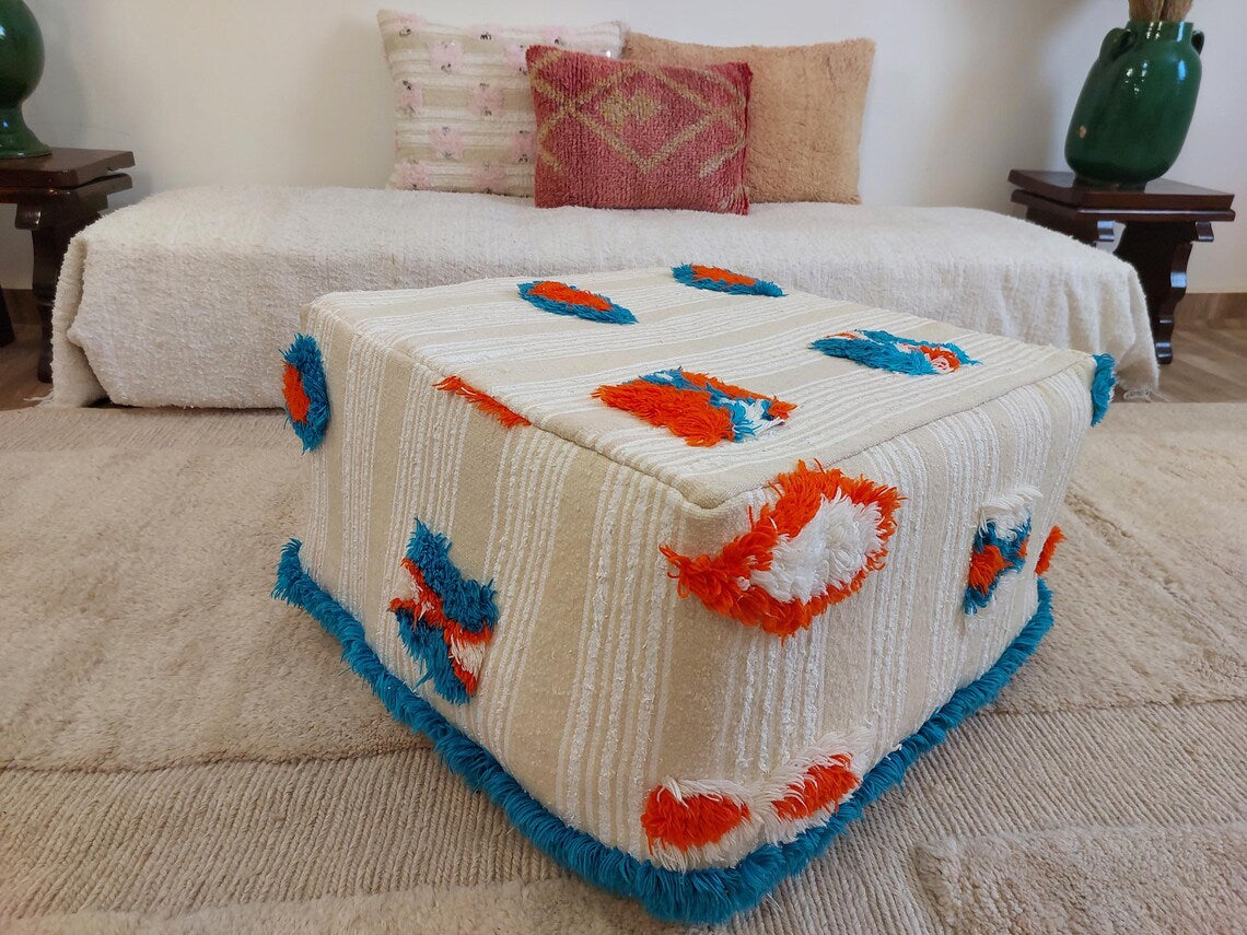 Authentic Moroccan Floor Pouf: Handmade Berber Blanket Ottoman For Boho Chic Home Decor (60x60x33cm) MoroccanBazzArts