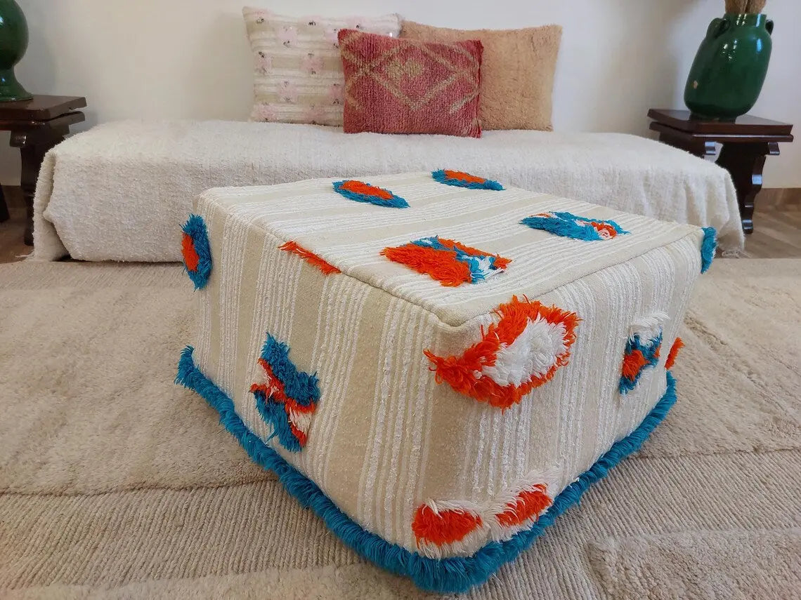 Authentic Moroccan Floor Pouf: Handmade Berber Blanket Ottoman For Boho Chic Home Decor (60x60x33cm) MoroccanBazzArts