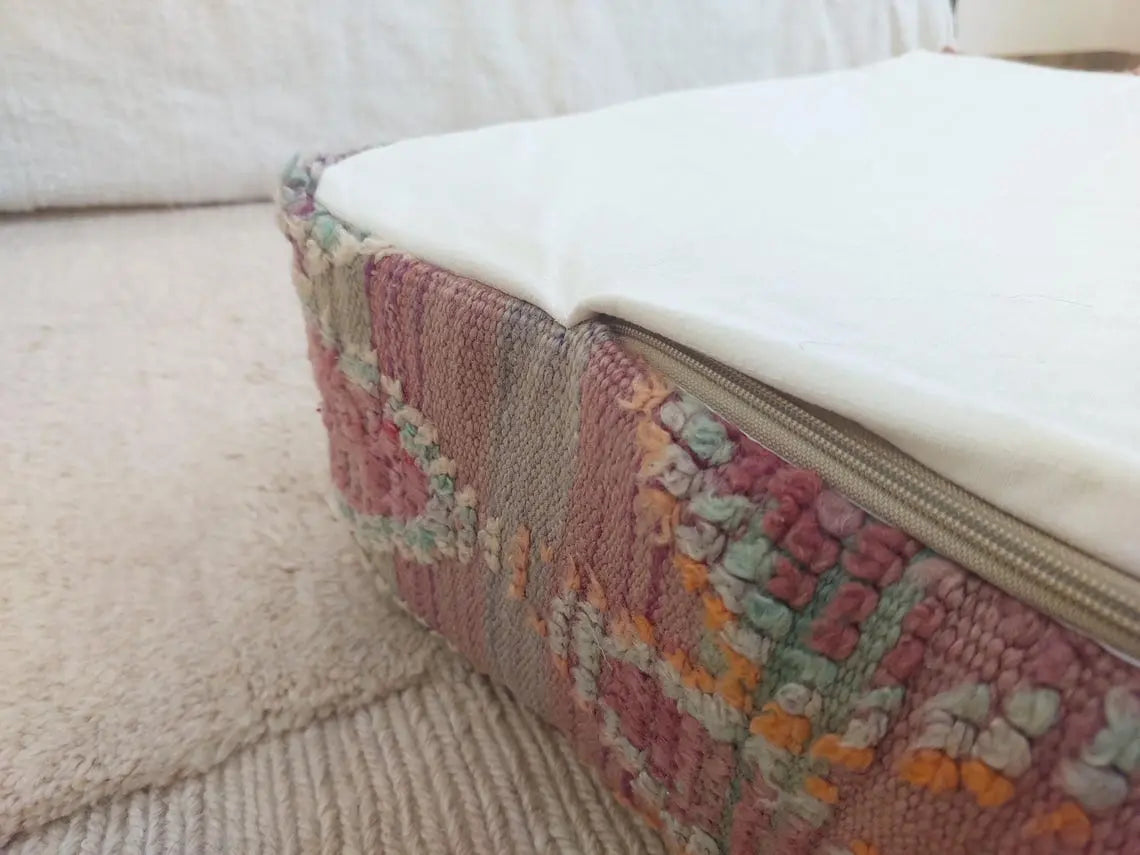 Moroccan Wool Pouf Purple Green: Square Artisanal Ottoman Floor Seat MoroccanBazzArts