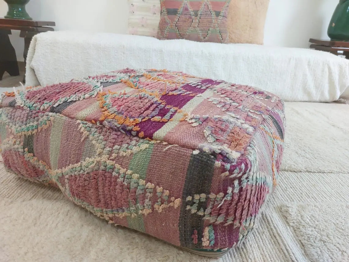 Moroccan Wool Pouf Purple Green: Square Artisanal Ottoman Floor Seat MoroccanBazzArts
