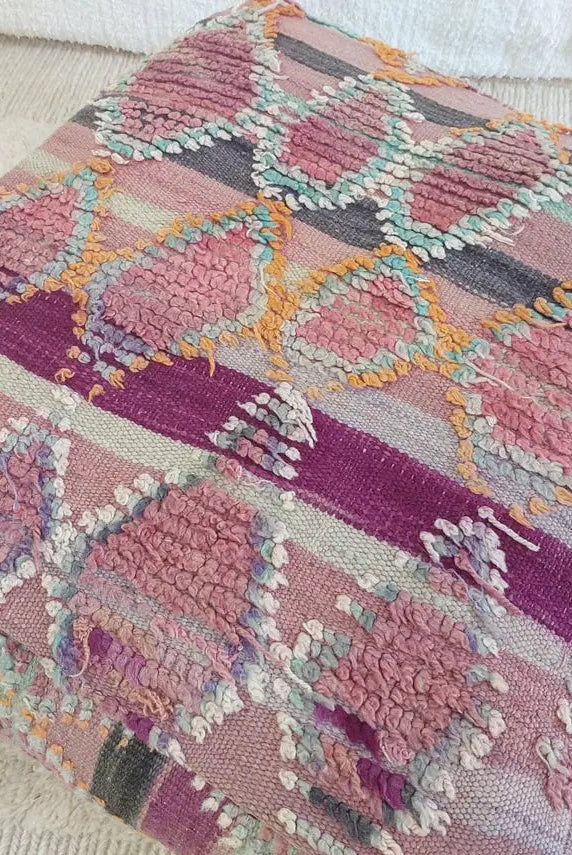 Moroccan Wool Pouf Purple Green: Square Artisanal Ottoman Floor Seat MoroccanBazzArts