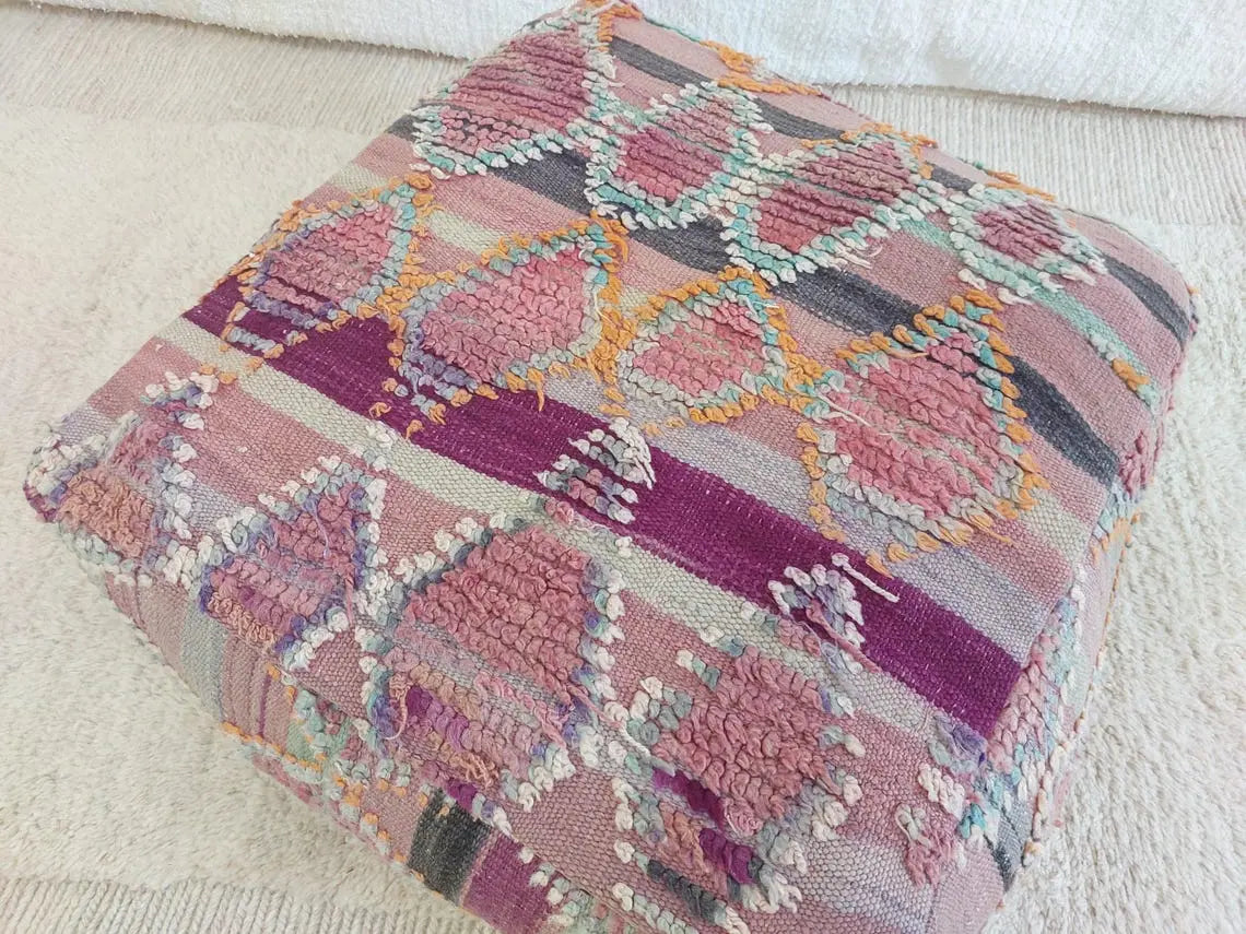 Moroccan Wool Pouf Purple Green: Square Artisanal Ottoman Floor Seat MoroccanBazzArts