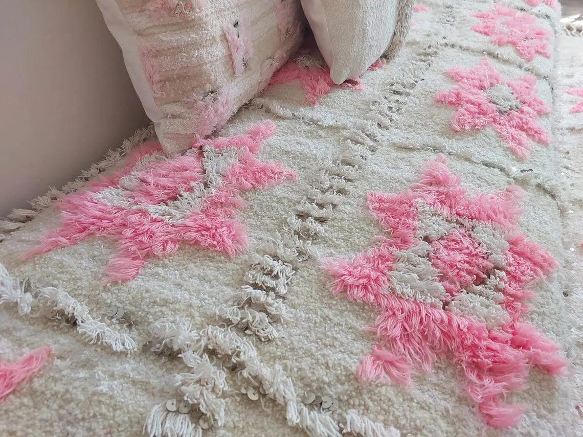 Moroccan Handira Wedding Blanket - Pink Berber Wool Throw - La Vie en Rose Handcrafted Gift MoroccanBazzArts