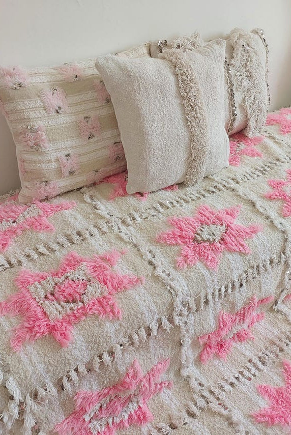 Moroccan Handira Wedding Blanket - Pink Berber Wool Throw - La Vie en Rose Handcrafted Gift MoroccanBazzArts