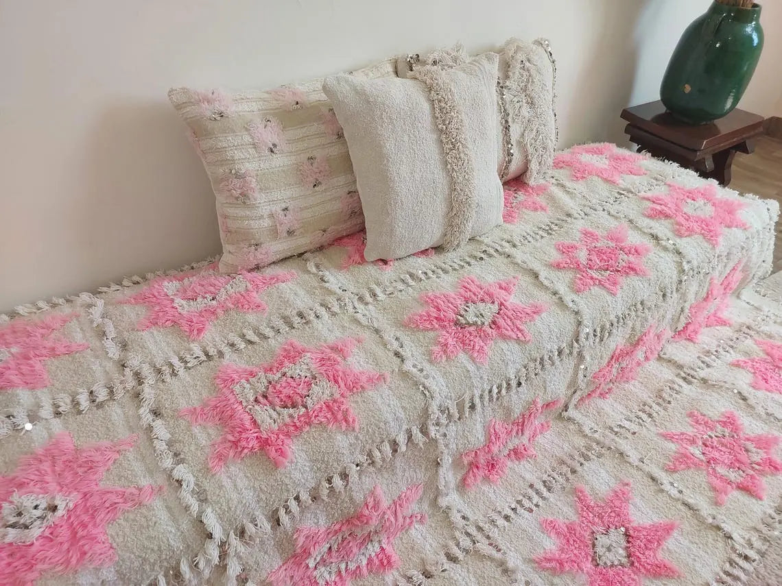 Moroccan Handira Wedding Blanket - Pink Berber Wool Throw - La Vie en Rose Handcrafted Gift MoroccanBazzArts