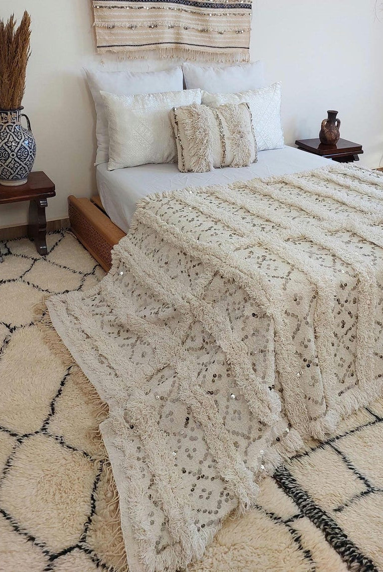 Creamy White Throw Wedding Blanket Xl: Vintage Moroccan Sequinned Wool Handira MoroccanBazzArts
