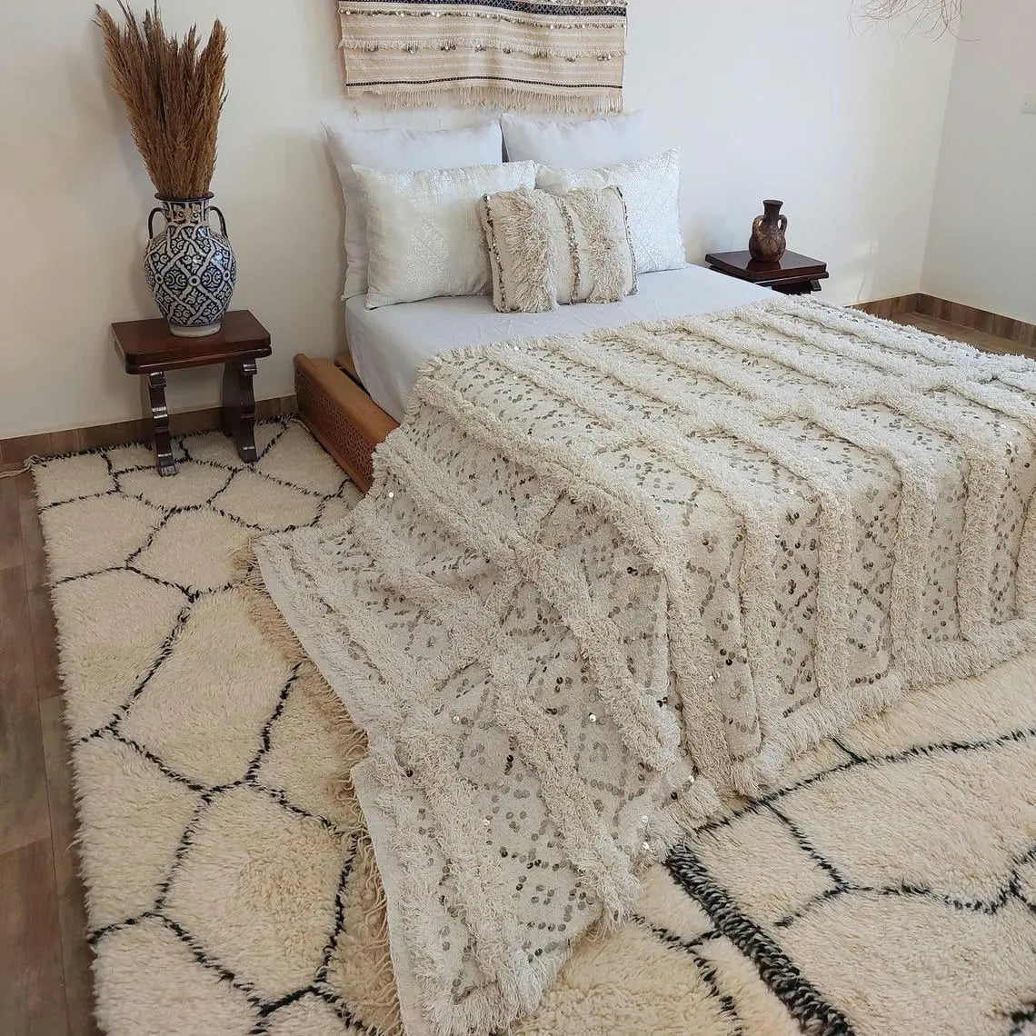 Creamy White Throw Wedding Blanket Xl: Vintage Moroccan Sequinned Wool Handira MoroccanBazzArts