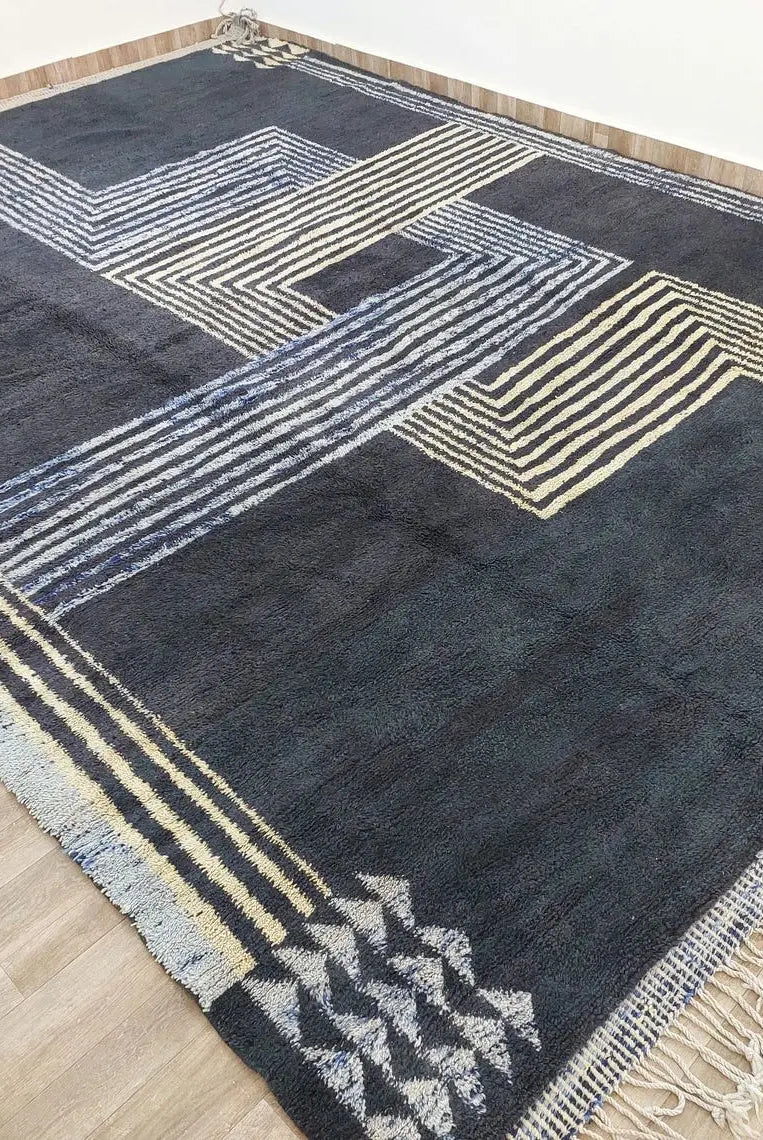 Contemporary Carpet Moroccan Wool Rug 10x14ft: Blue Beige Geometric Handknotted MoroccanBazzArts