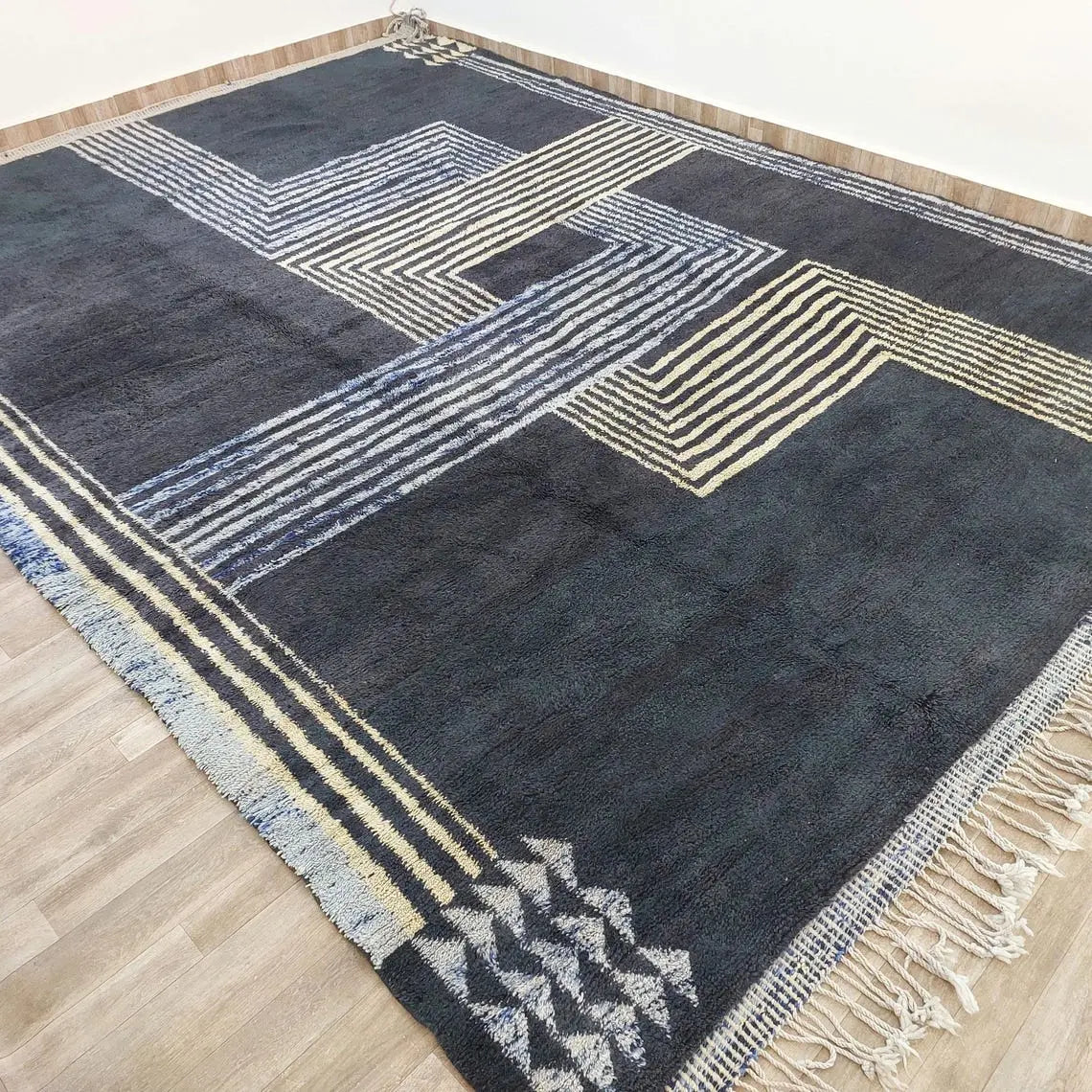 Contemporary Carpet Moroccan Wool Rug 10x14ft: Blue Beige Geometric Handknotted MoroccanBazzArts