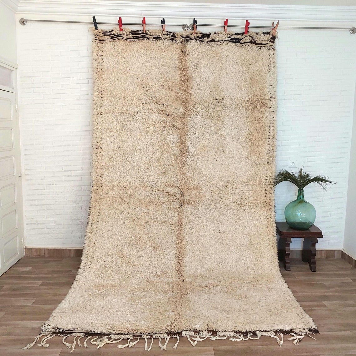Beni Ourain Rug Genuine Lamb Wool: Vintage Moroccan Berber Carpet, Natural Fiber, Invisible Patterns MoroccanBazzArts