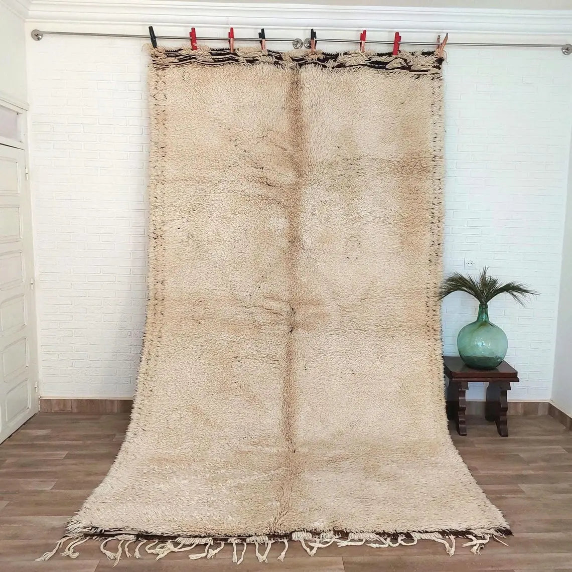 Beni Ourain Rug Genuine Lamb Wool: Vintage Moroccan Berber Carpet, Natural Fiber, Invisible Patterns MoroccanBazzArts