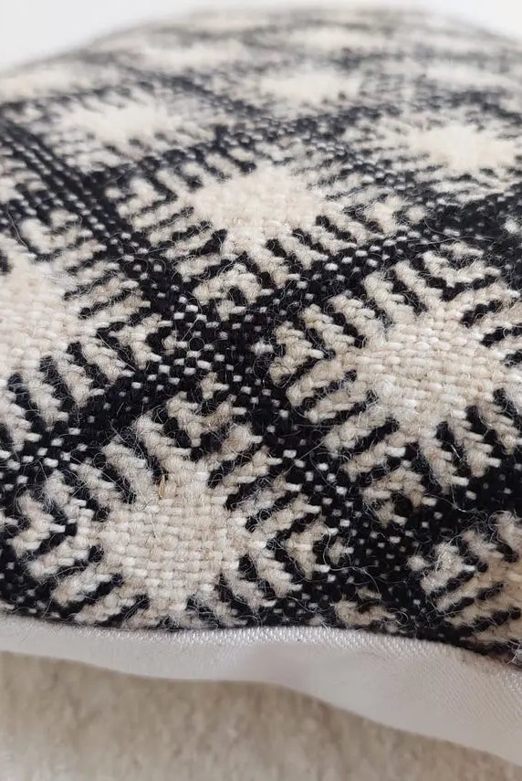 Vintage Moroccan Kilim Pillow , Handmade Berber Floor Cushion, Wool Pillow , In Black And White 14x18 Inches MoroccanBazzArts