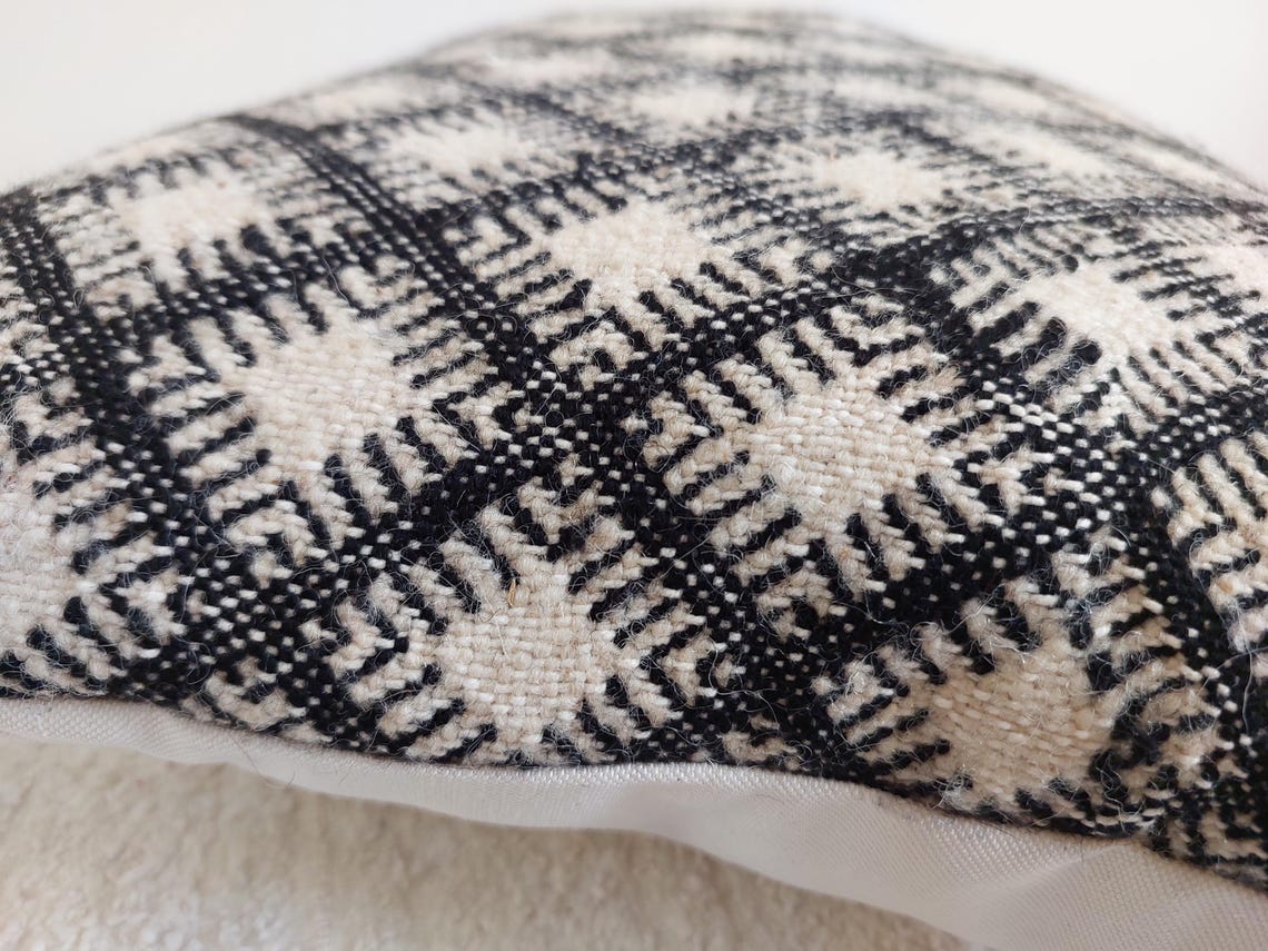 Vintage Moroccan Kilim Pillow , Handmade Berber Floor Cushion, Wool Pillow , In Black And White 14x18 Inches MoroccanBazzArts
