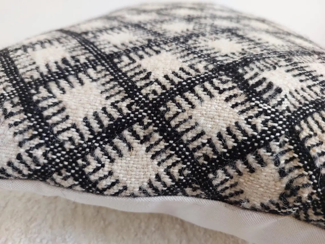 Vintage Moroccan Kilim Pillow , Handmade Berber Floor Cushion, Wool Pillow , In Black And White 14x18 Inches MoroccanBazzArts