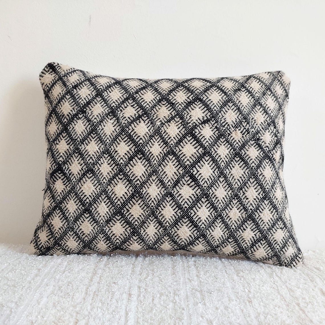 Vintage Moroccan Kilim Pillow , Handmade Berber Floor Cushion, Wool Pillow , In Black And White 14x18 Inches MoroccanBazzArts