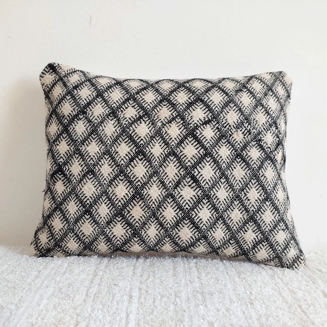Vintage Moroccan Kilim Pillow , Handmade Berber Floor Cushion, Wool Pillow , In Black And White 14x18 Inches MoroccanBazzArts