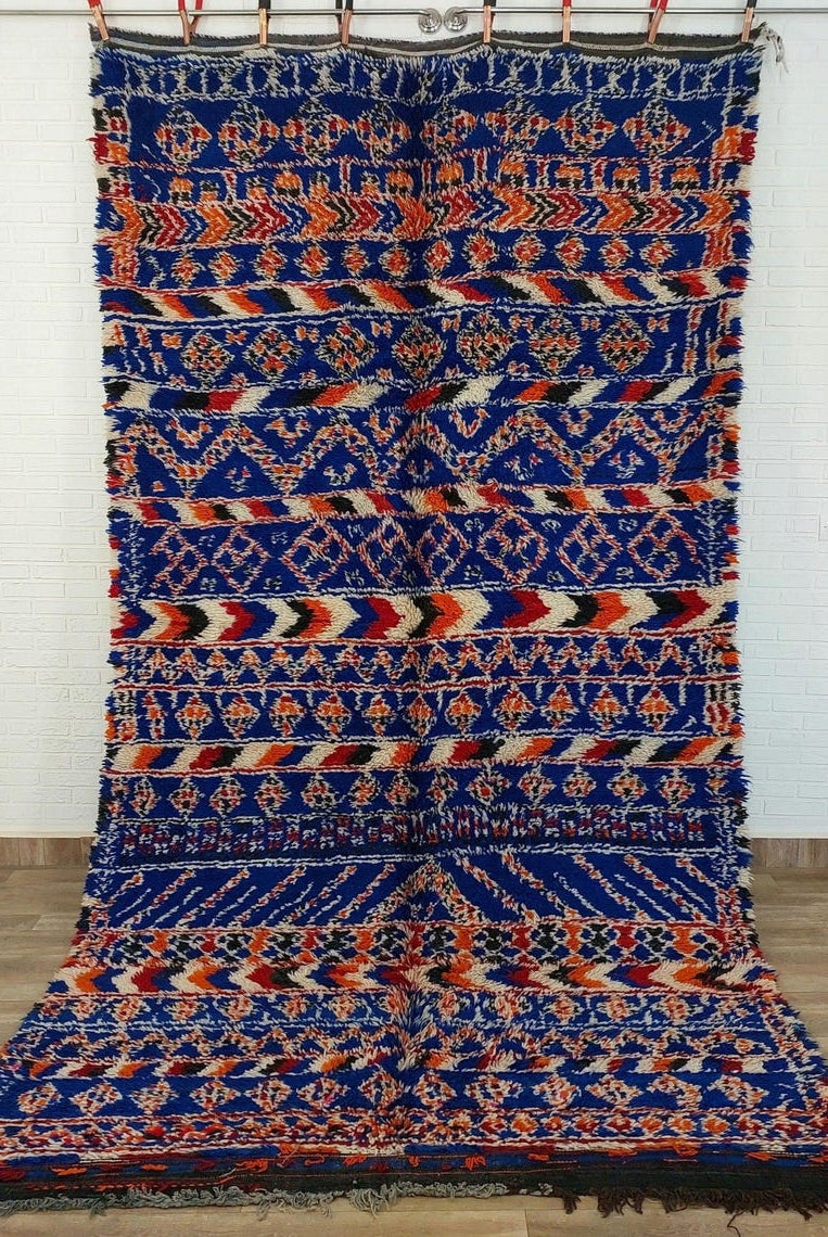 Moroccan Area Rug Wool Blue Berber: Handwoven Beni Cream Textured Vintage Designer Carpet MoroccanBazzArts