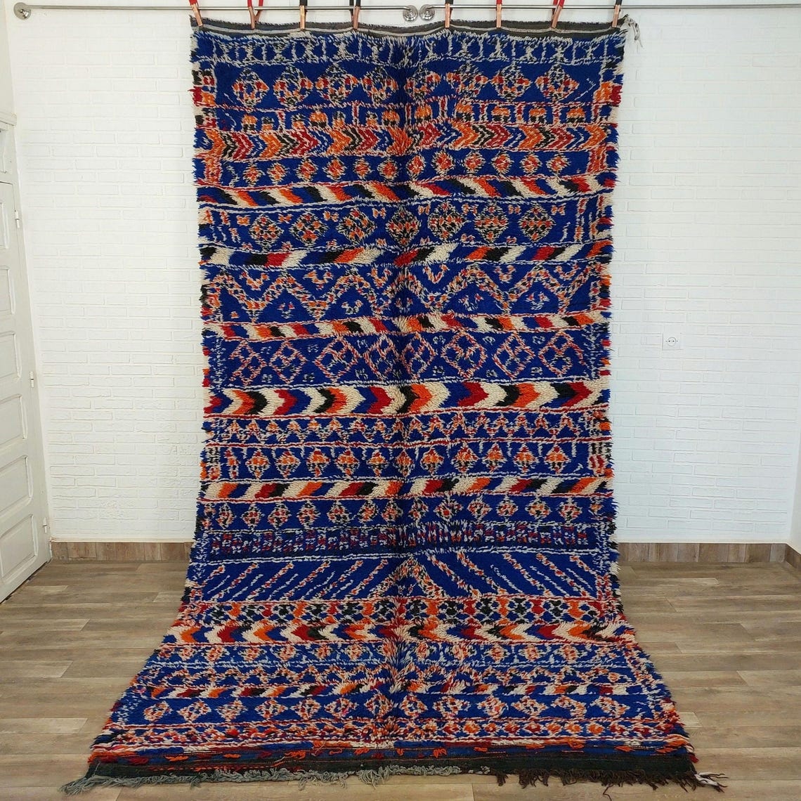 Moroccan Area Rug Wool Blue Berber: Handwoven Beni Cream Textured Vintage Designer Carpet MoroccanBazzArts