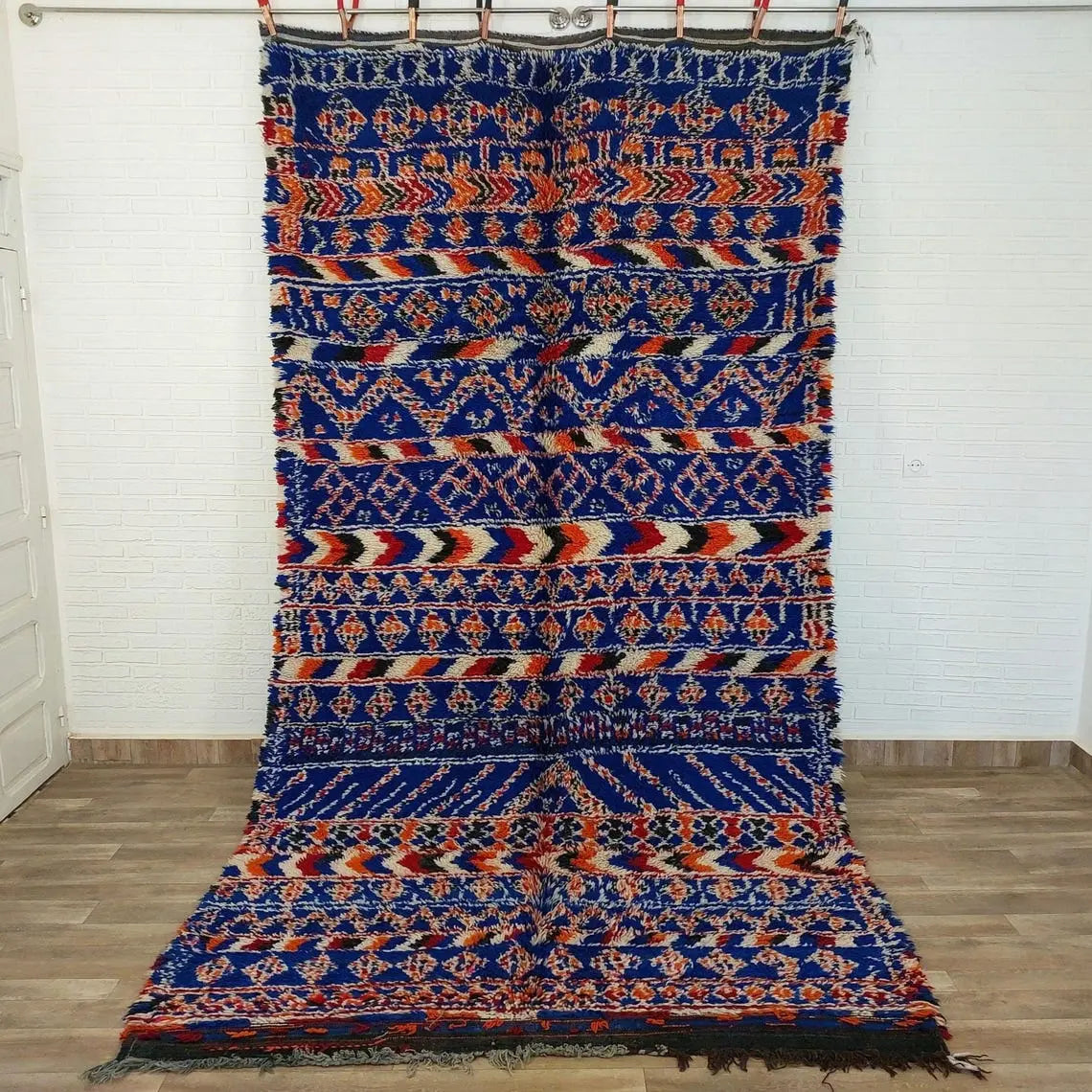 Moroccan Area Rug Wool Blue Berber: Handwoven Beni Cream Textured Vintage Designer Carpet MoroccanBazzArts