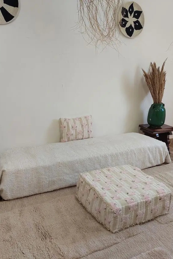 Handmade Moroccan Pouf Set With Pillow - Vintage Berber Pink Wedding Blanket Flatweave Wool Ottoman MoroccanBazzArts