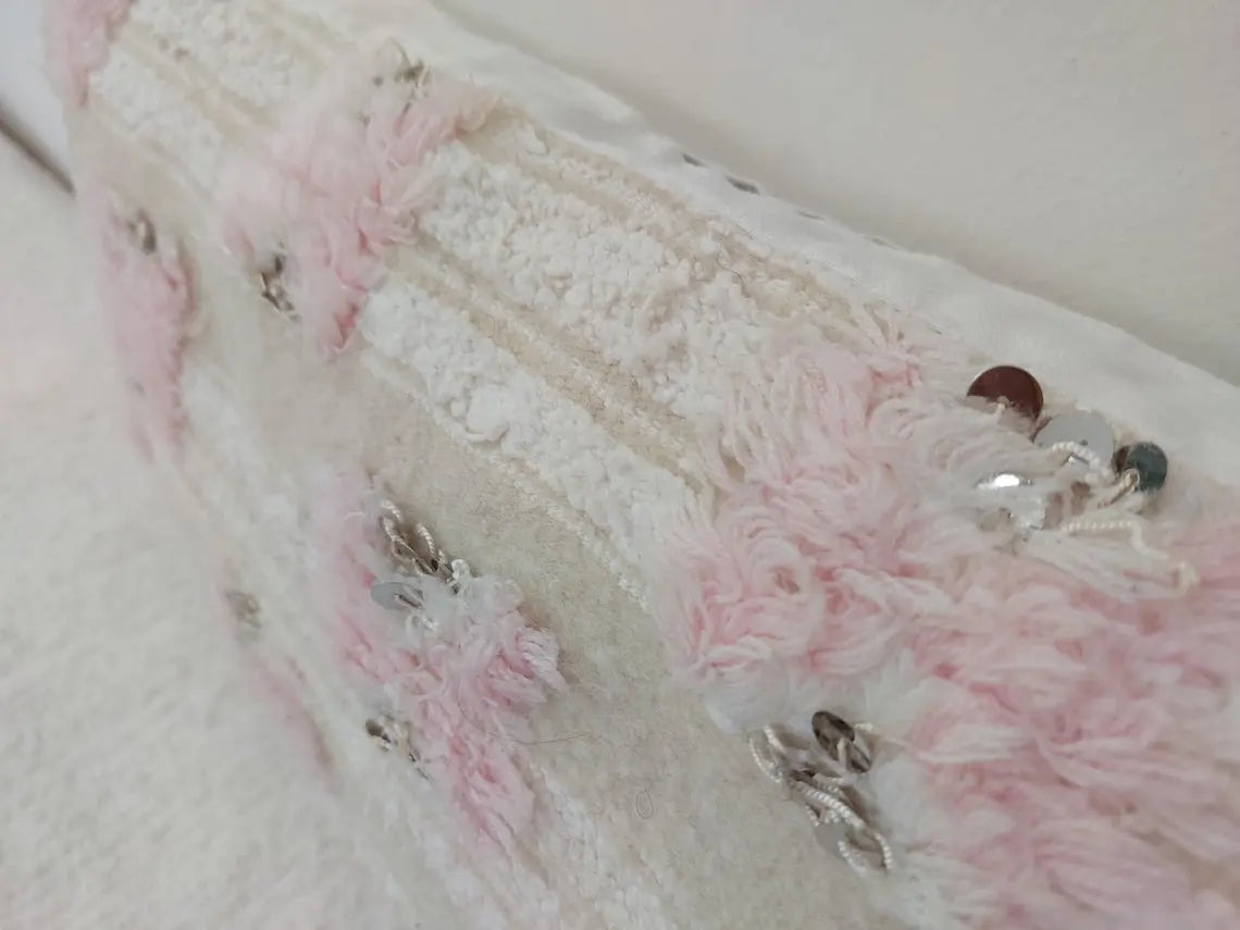 Handmade Moroccan Pink Berber Pillow Cover – 40x60 Cm | Vintage Wedding Blanket Cushion | Wool & Cotton With Sequins | Moroccanbazzarts MoroccanBazzArts