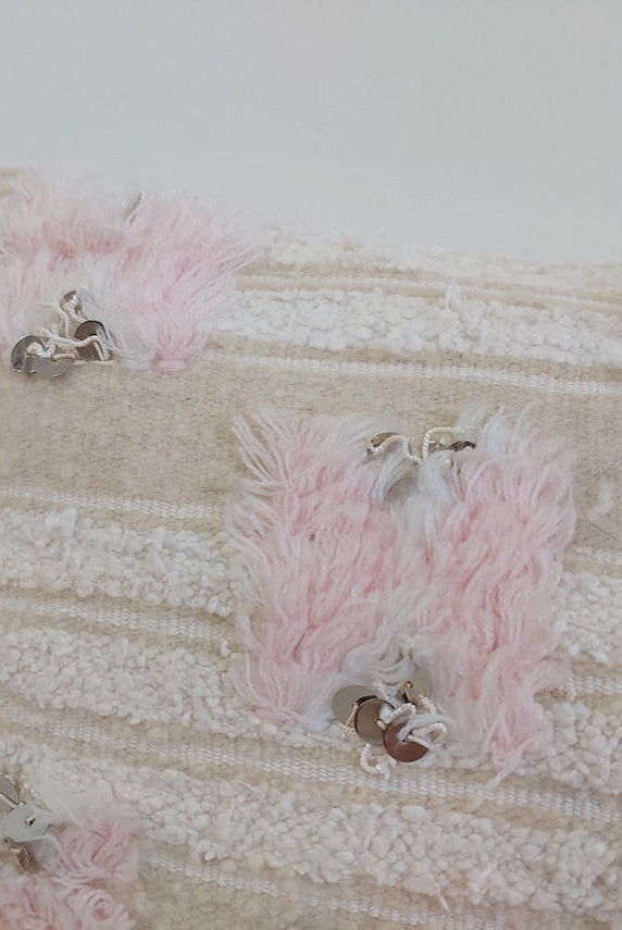 Handmade Moroccan Pink Berber Pillow Cover – 40x60 Cm | Vintage Wedding Blanket Cushion | Wool & Cotton With Sequins | Moroccanbazzarts MoroccanBazzArts