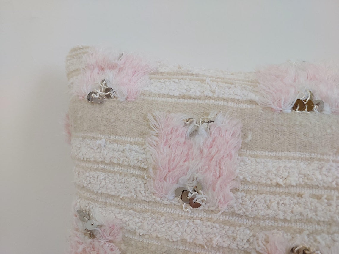 Handmade Moroccan Pink Berber Pillow Cover – 40x60 Cm | Vintage Wedding Blanket Cushion | Wool & Cotton With Sequins | Moroccanbazzarts MoroccanBazzArts