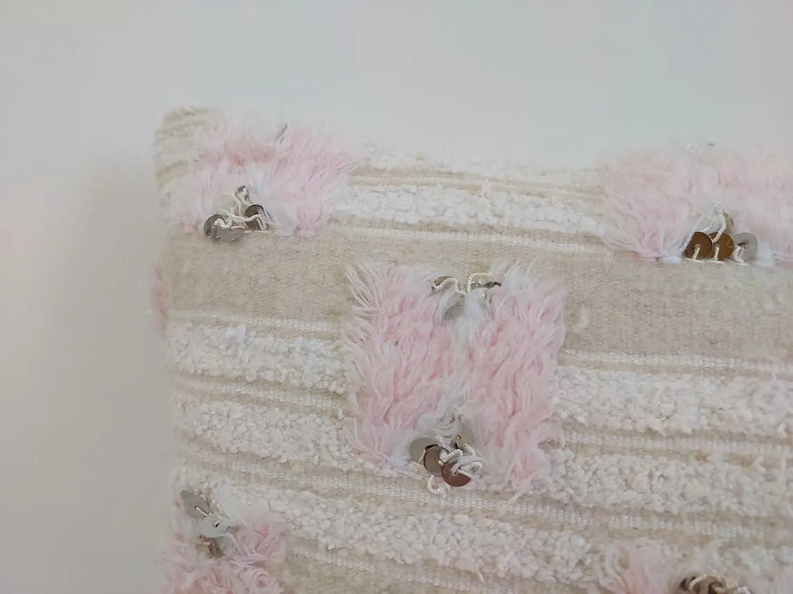 Handmade Moroccan Pink Berber Pillow Cover – 40x60 Cm | Vintage Wedding Blanket Cushion | Wool & Cotton With Sequins | Moroccanbazzarts MoroccanBazzArts
