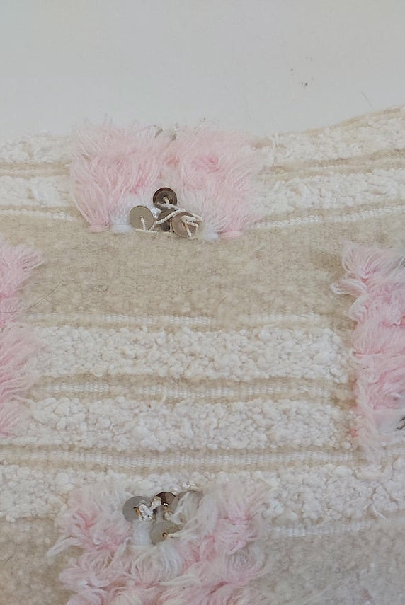 Handmade Moroccan Pink Berber Pillow Cover – 40x60 Cm | Vintage Wedding Blanket Cushion | Wool & Cotton With Sequins | Moroccanbazzarts MoroccanBazzArts