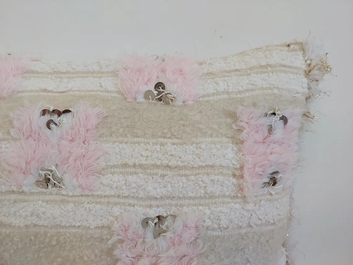 Handmade Moroccan Pink Berber Pillow Cover – 40x60 Cm | Vintage Wedding Blanket Cushion | Wool & Cotton With Sequins | Moroccanbazzarts MoroccanBazzArts