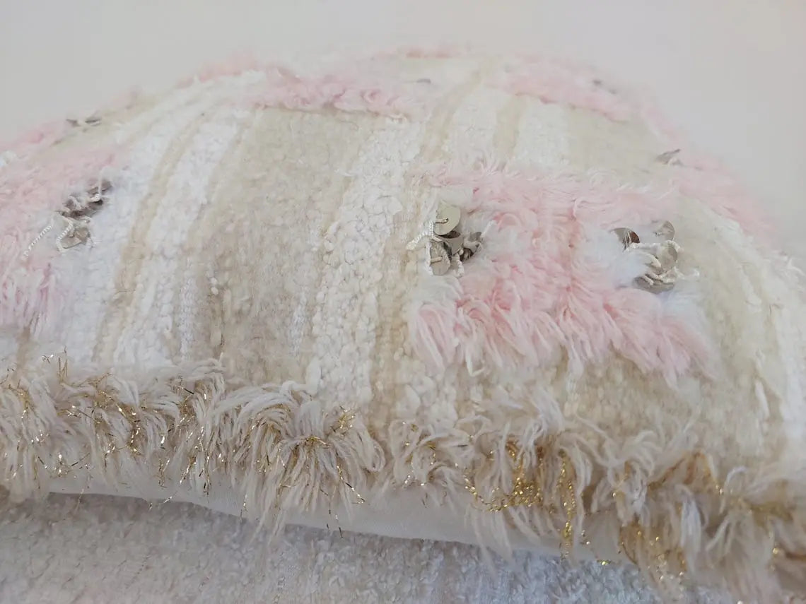 Handmade Moroccan Pink Berber Pillow Cover – 40x60 Cm | Vintage Wedding Blanket Cushion | Wool & Cotton With Sequins | Moroccanbazzarts MoroccanBazzArts